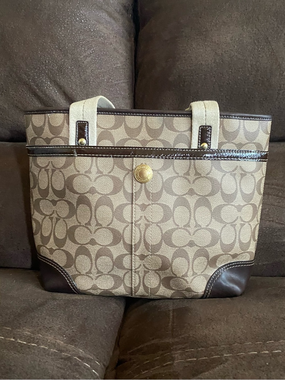 Coach Heritage Khaki Chestnut Coated Canvas Tote - Picture 3 of 14